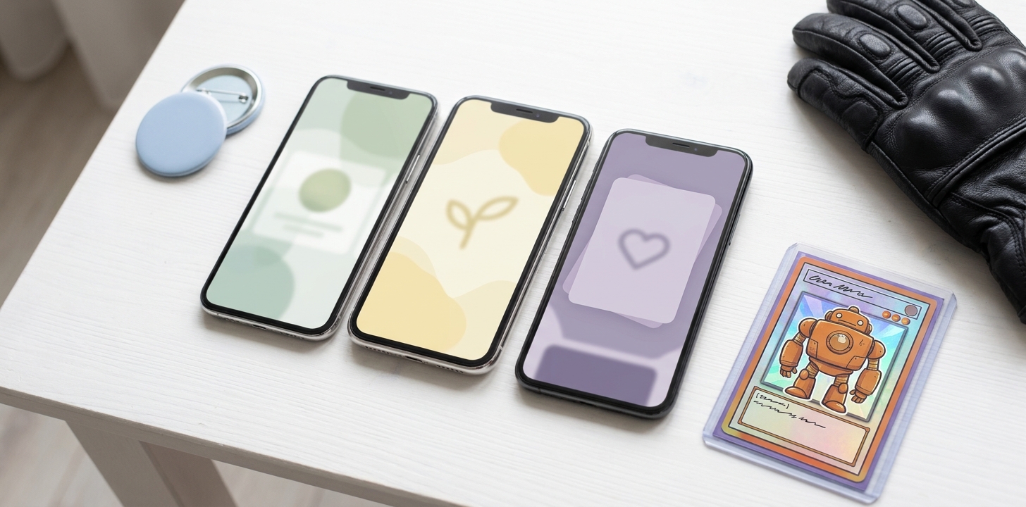 3台のスマートフォンを並べて物々交換アプリのタイプを比べているイメージ