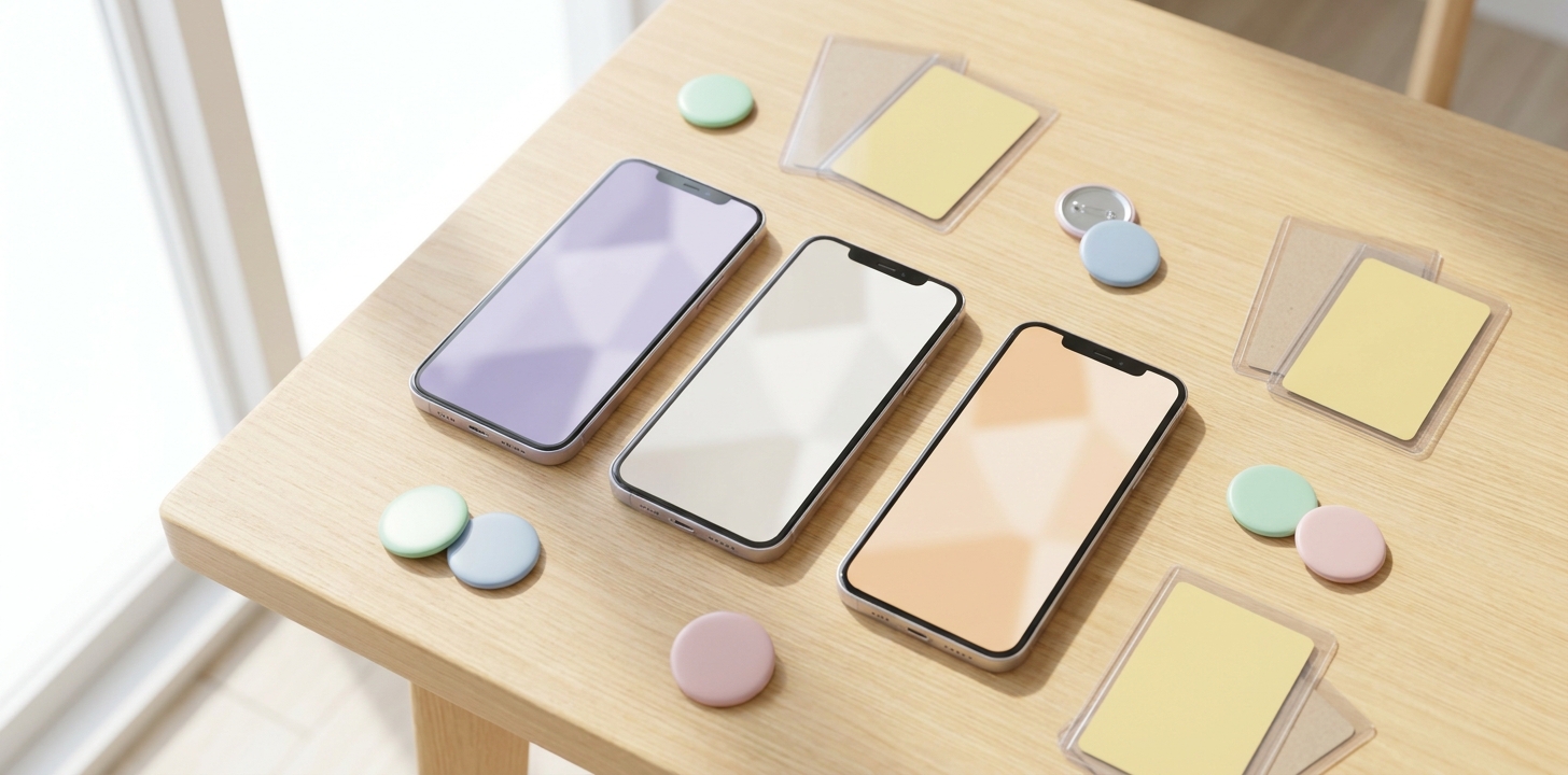 複数のスマートフォンを並べてグッズ交換アプリを比較しているイメージ