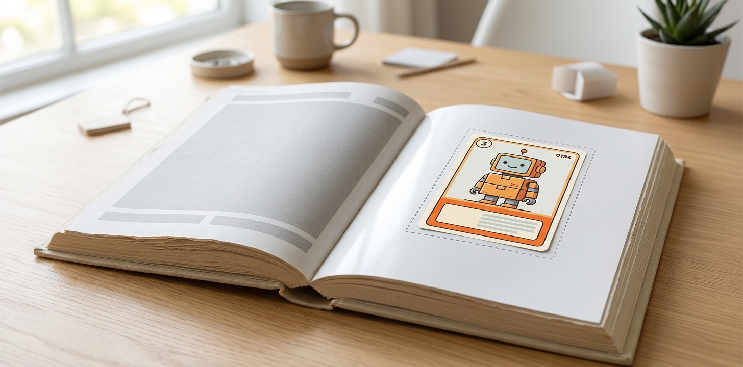 表紙が無地の分厚い雑誌を開き、厚紙のページにとじ込まれた1枚のトレーディングカードが見えているところ