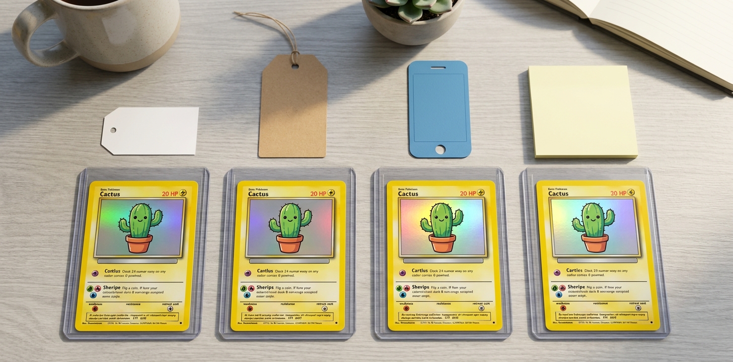 同じトレーディングカード4枚に、それぞれ違う空白の値札をつけて並べたところ